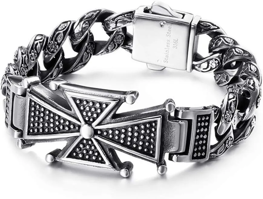 Qiaonitu Jewelry Vintage Stainless Steel Men Cross Bracelet Hiphop Punk Biker Cuban Curb Chain Bracelets Bangles 20-23cm (Cross, 23)