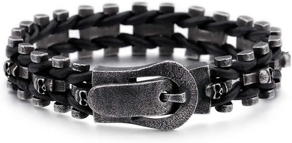 Qiaonitu Men Black Braided Leather Bracelets Bangles Vintage Heavy 316L Stainless Steel Biker Skull Bracelet Jewelry