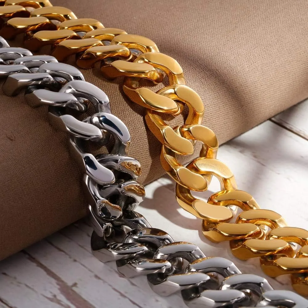Qiaonitu Punk Men's Curb Cuban Bracelet Jewelry Heavy Stainless Steel Hiphop Dubai Gold Chunky Biker Link Chain Bracelets & Bangles