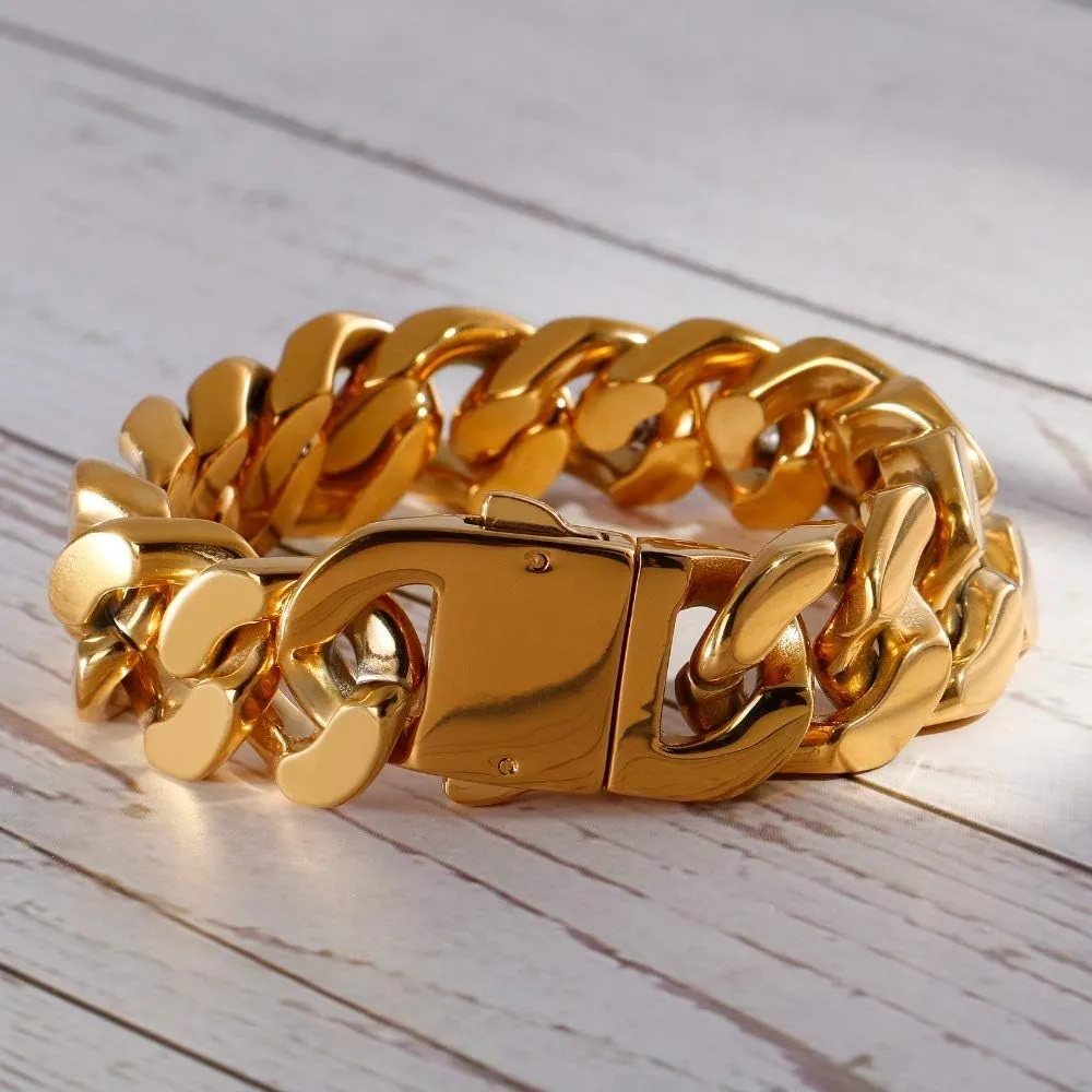 Qiaonitu Punk Men's Curb Cuban Bracelet Jewelry Heavy Stainless Steel Hiphop Dubai Gold Chunky Biker Link Chain Bracelets & Bangles