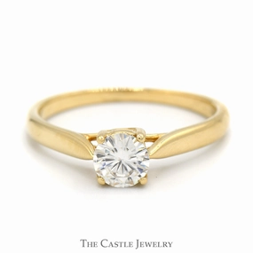Round Moissanite Solitaire Engagement Ring in 10k Yellow Gold Cathedral Mounting Affordable Article Luxury Work