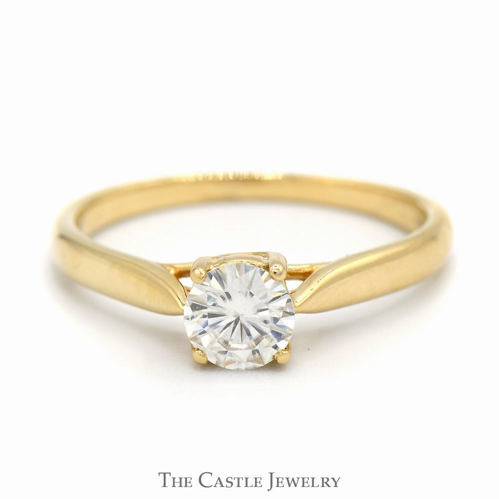 Sentimental Piece Round Moissanite Solitaire Engagement Ring in 10k Yellow Gold Cathedral Mounting