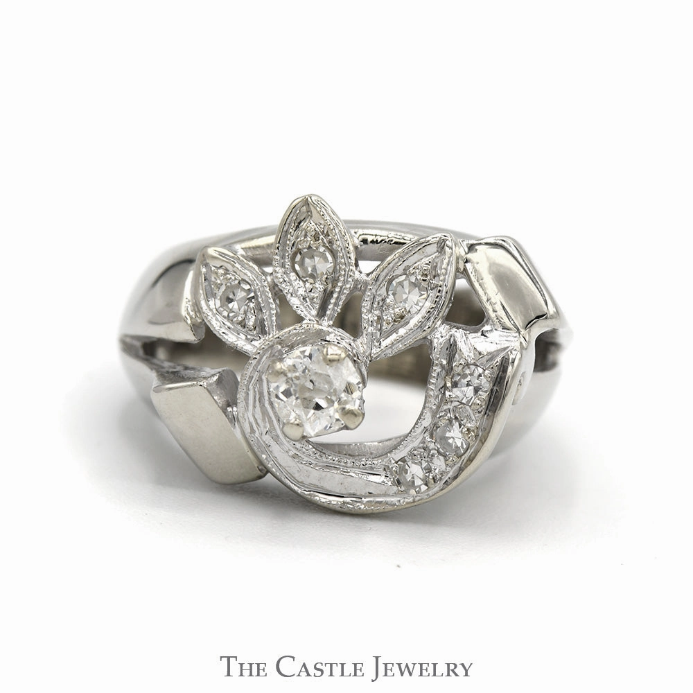 Antique Leaf Style 1/3cttw Old European Cut Diamond Cluster Ring in 14k White Gold Soft Edge
