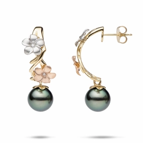 Pearls in Bloom Plumeria Tahitian Black Pearl Earrings in Tri Color Gold with Diamonds - 23mm Vibrant Colors