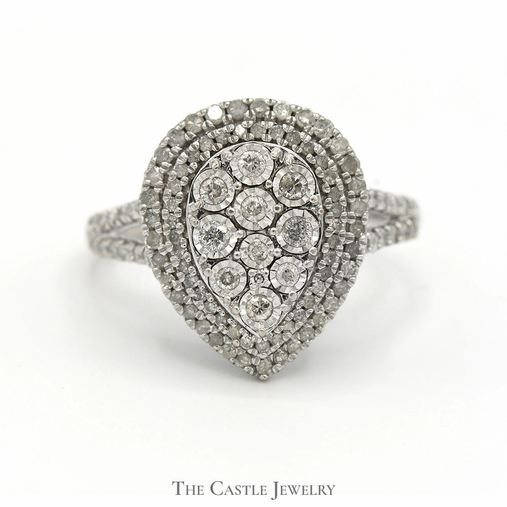 Affordable Work Elegant Craft 1cttw Pear Shaped Diamond Cluster Ring with Double Halo and Accents in 10k White Gold