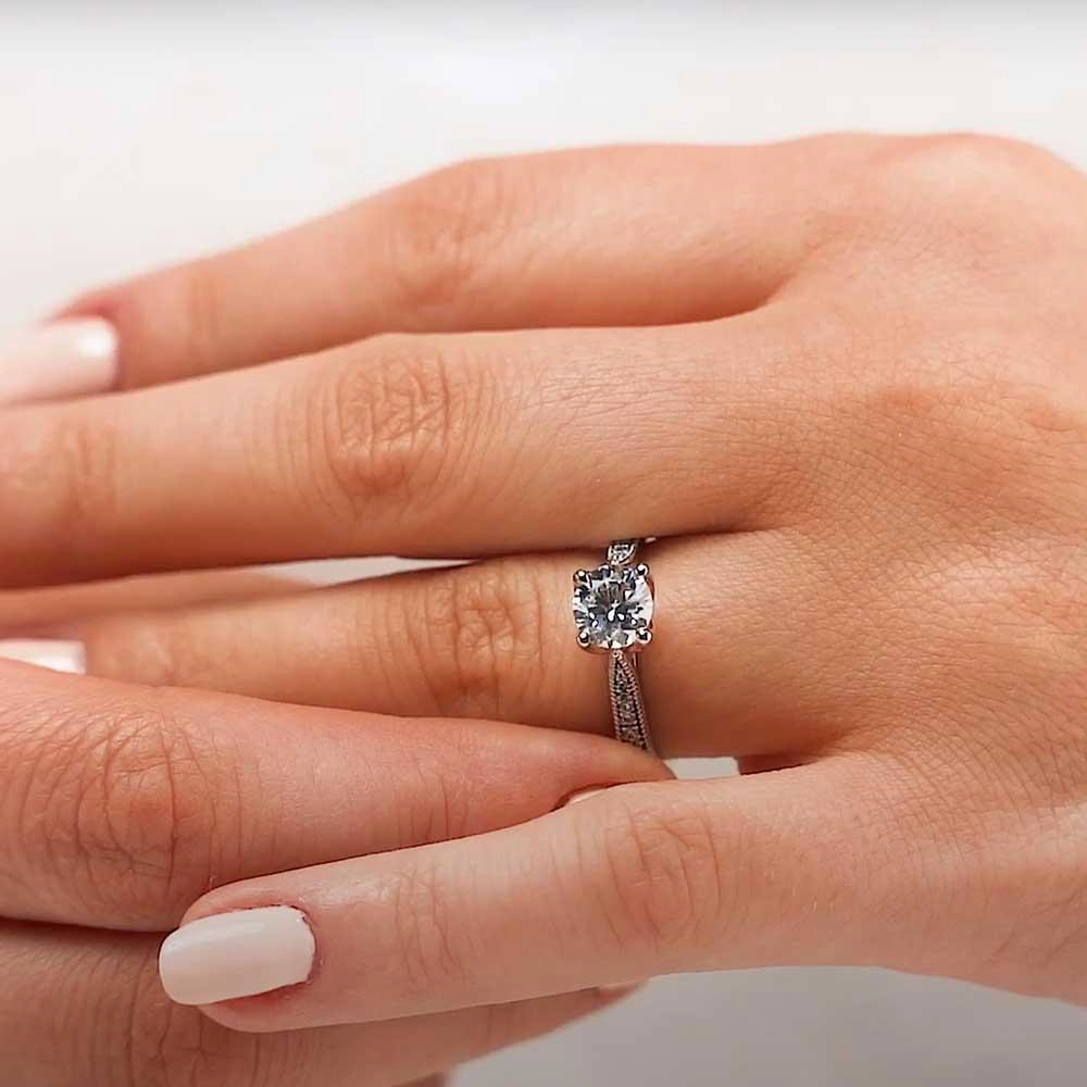 Quimby Round Lab Grown Diamond Milgrain Tulip Side Stone Engagement Ring Modern Bauble Medal Quality