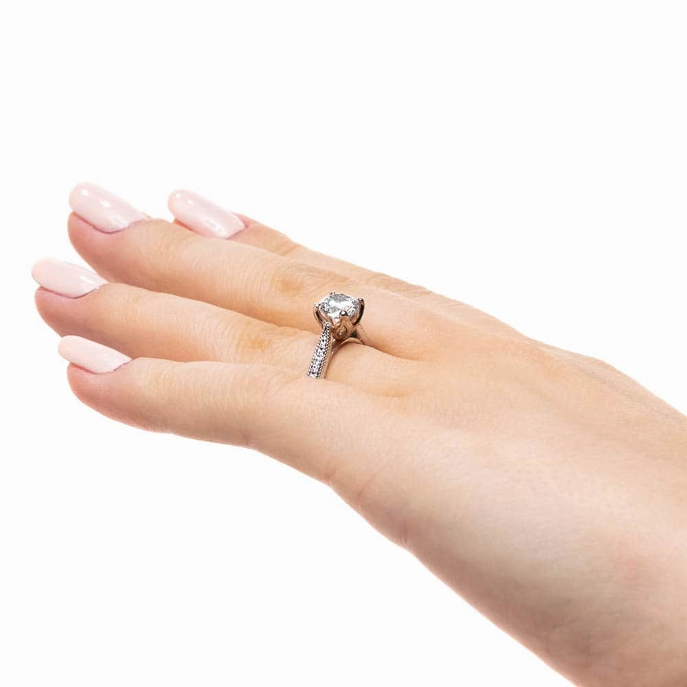 Stylish Ornament Soft Glow Quimby Round Lab Grown Diamond Milgrain Tulip Side Stone Engagement Ring