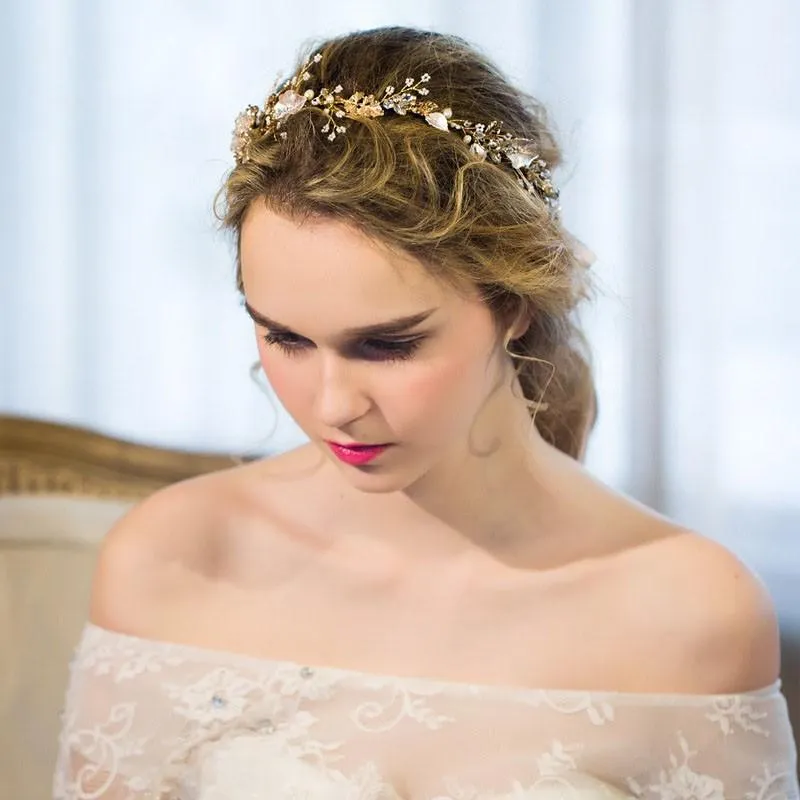 "Ellina" - Gold Pearl and Crystal Bridal Headband