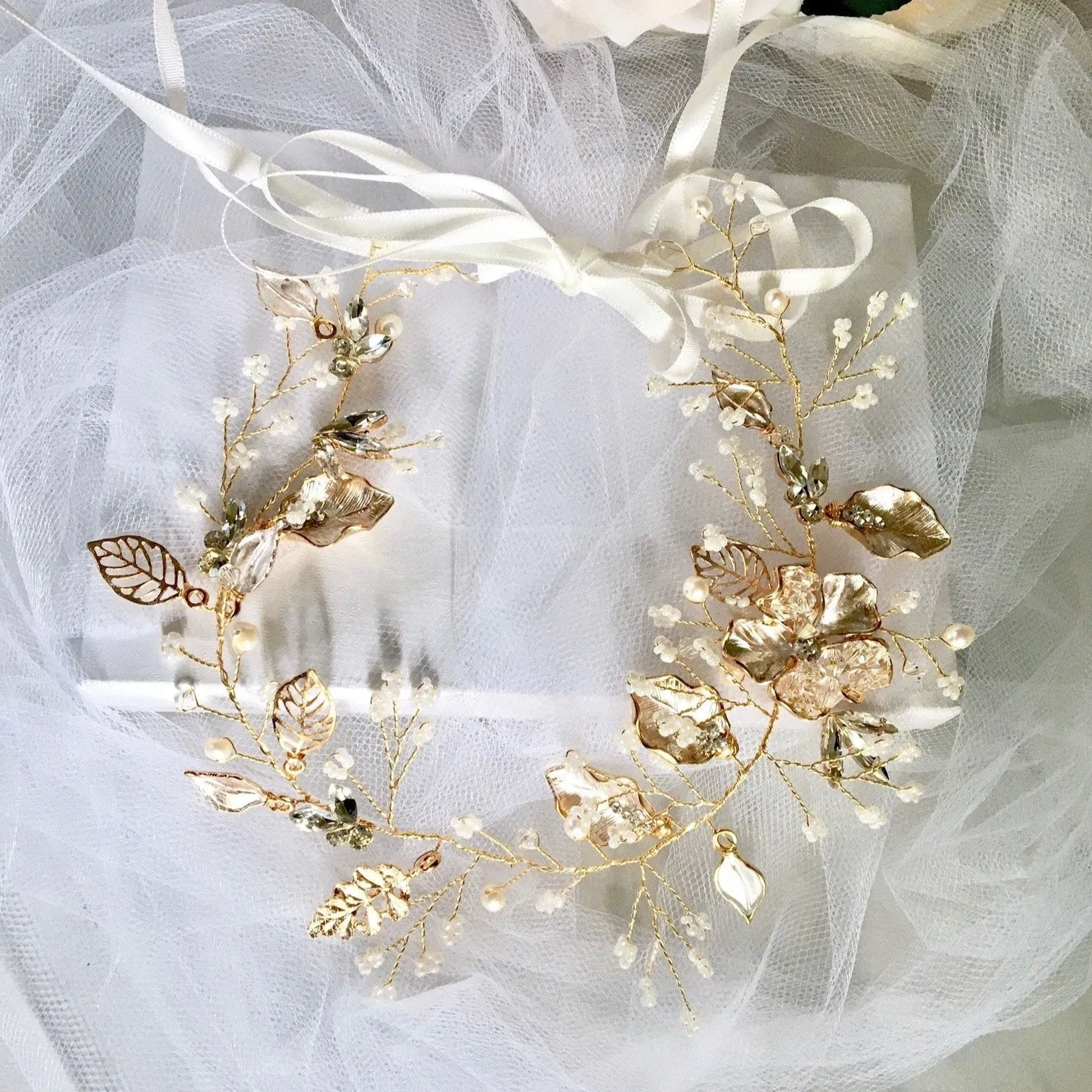 "Ellina" - Gold Pearl and Crystal Bridal Headband