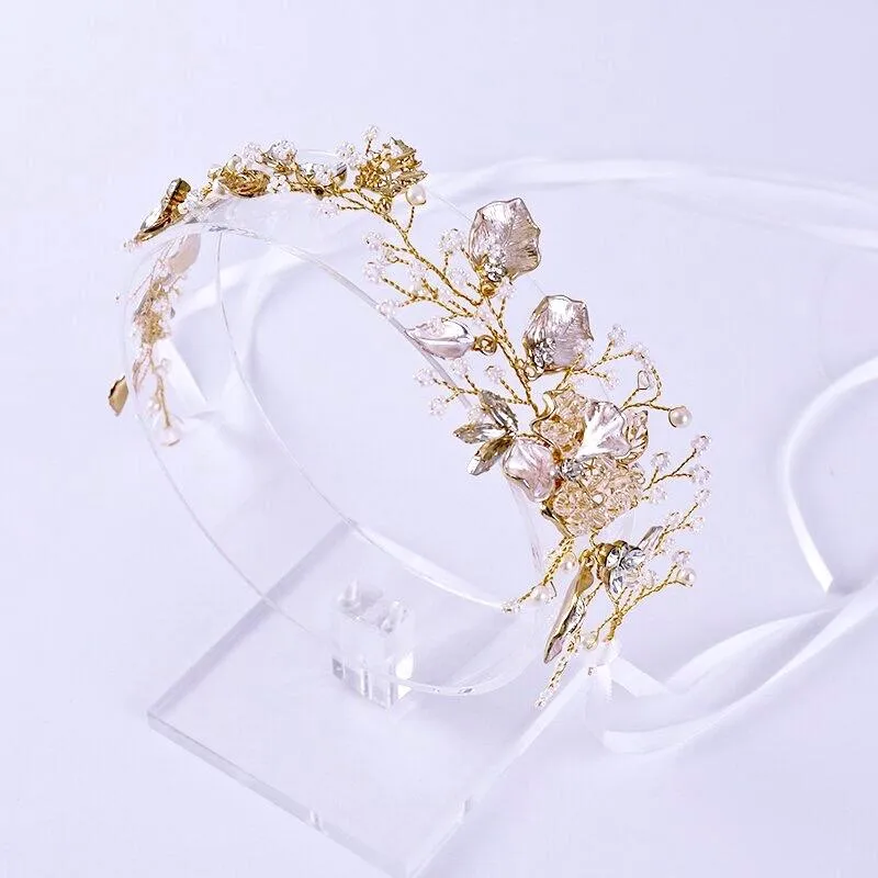 "Ellina" - Gold Pearl and Crystal Bridal Headband