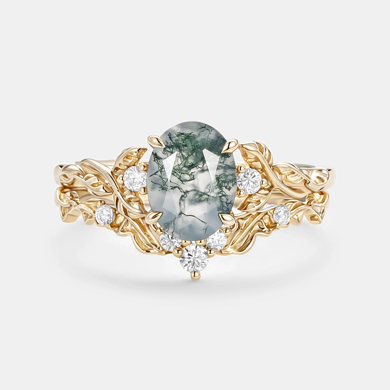 Oval Shaped Lab Emerald Leafy Engagement Ring Set 2pcs - Brook Distinct Style