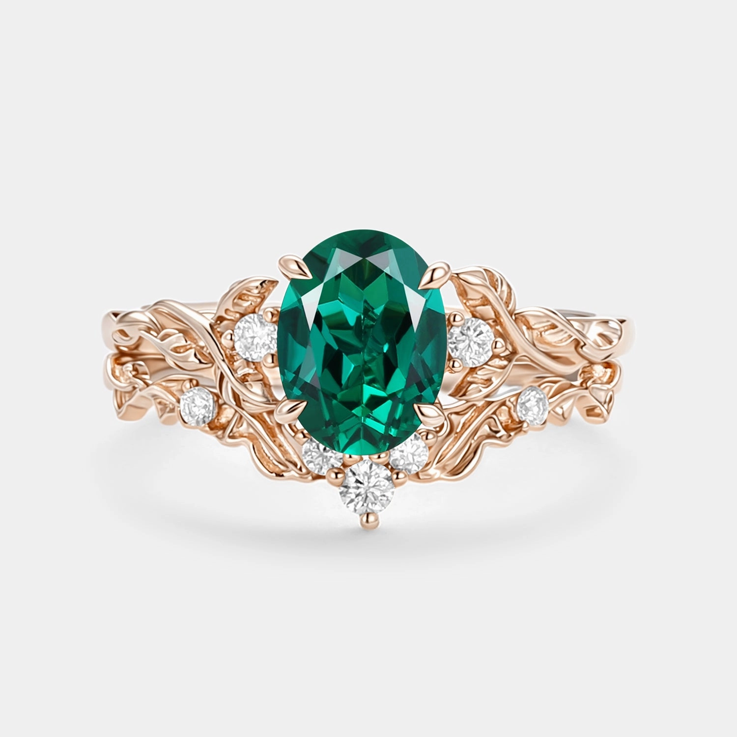Oval Shaped Lab Emerald Leafy Engagement Ring Set 2pcs - Brook Classic Pieces