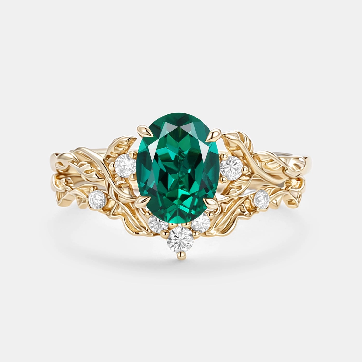 Oval Shaped Lab Emerald Leafy Engagement Ring Set 2pcs - Brook Trendy Addition