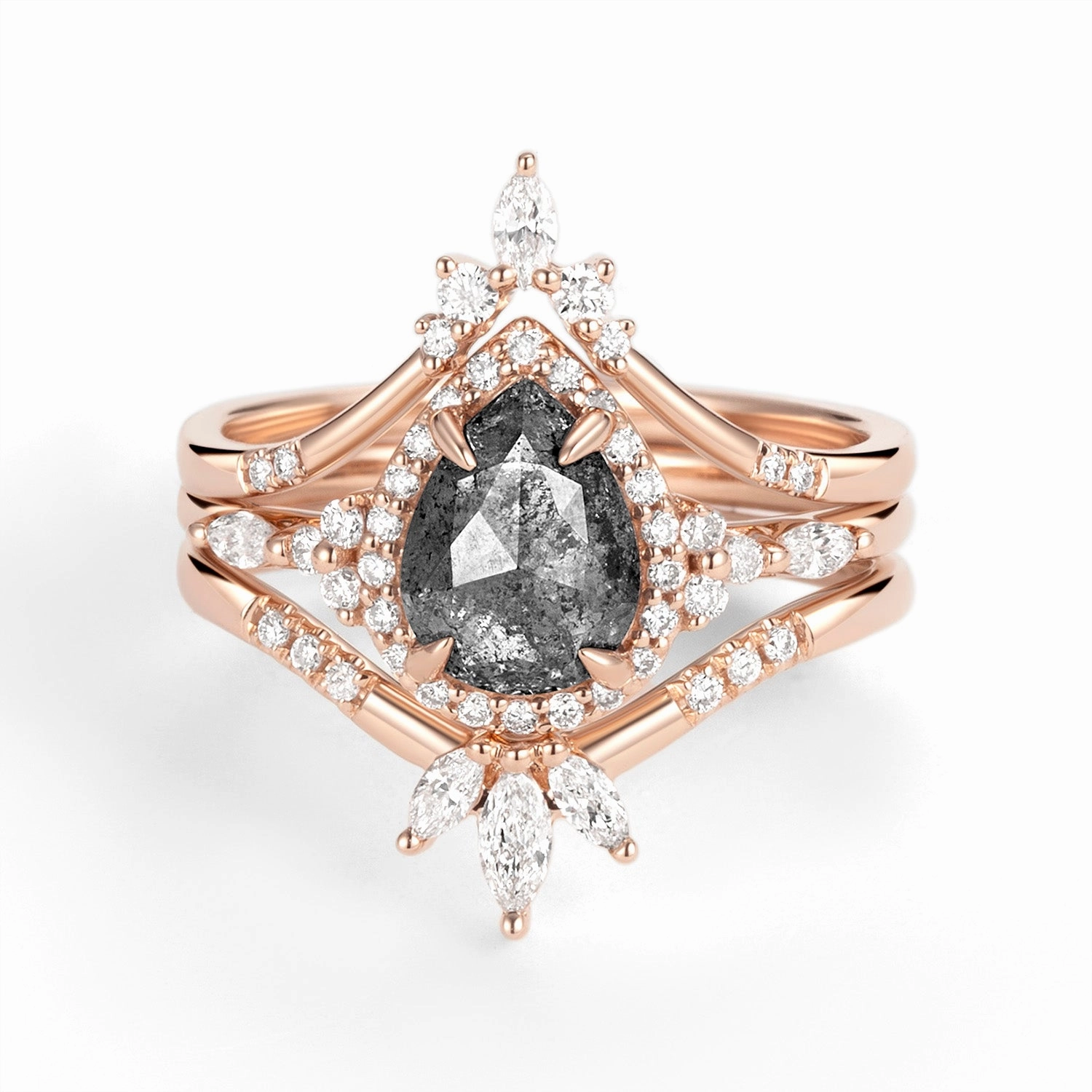 Halo Pear Salt and Pepper Diamonds Engagement Ring Sets 3pcs Subdued Sparkle