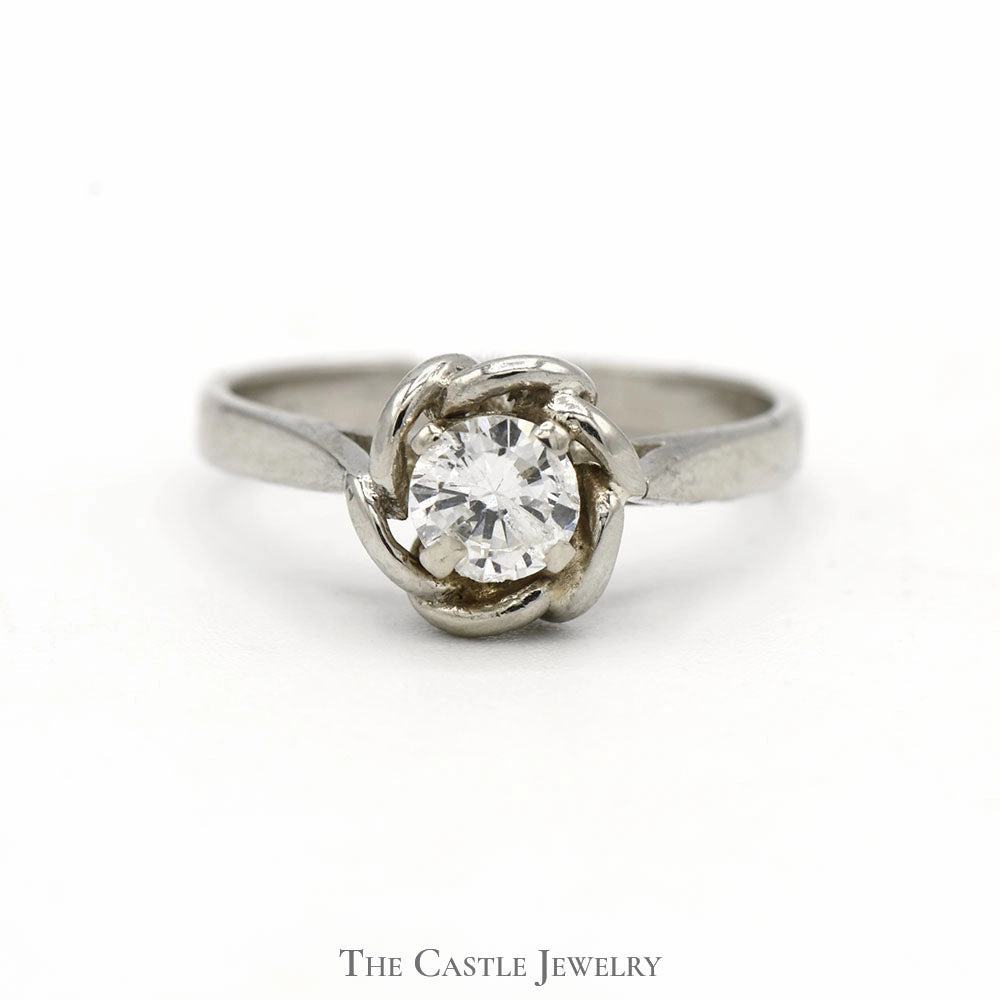 Classic Mark 1/3ct Round Diamond Solitaire Engagement Ring with Flower Designed Bezel in 14k White Gold