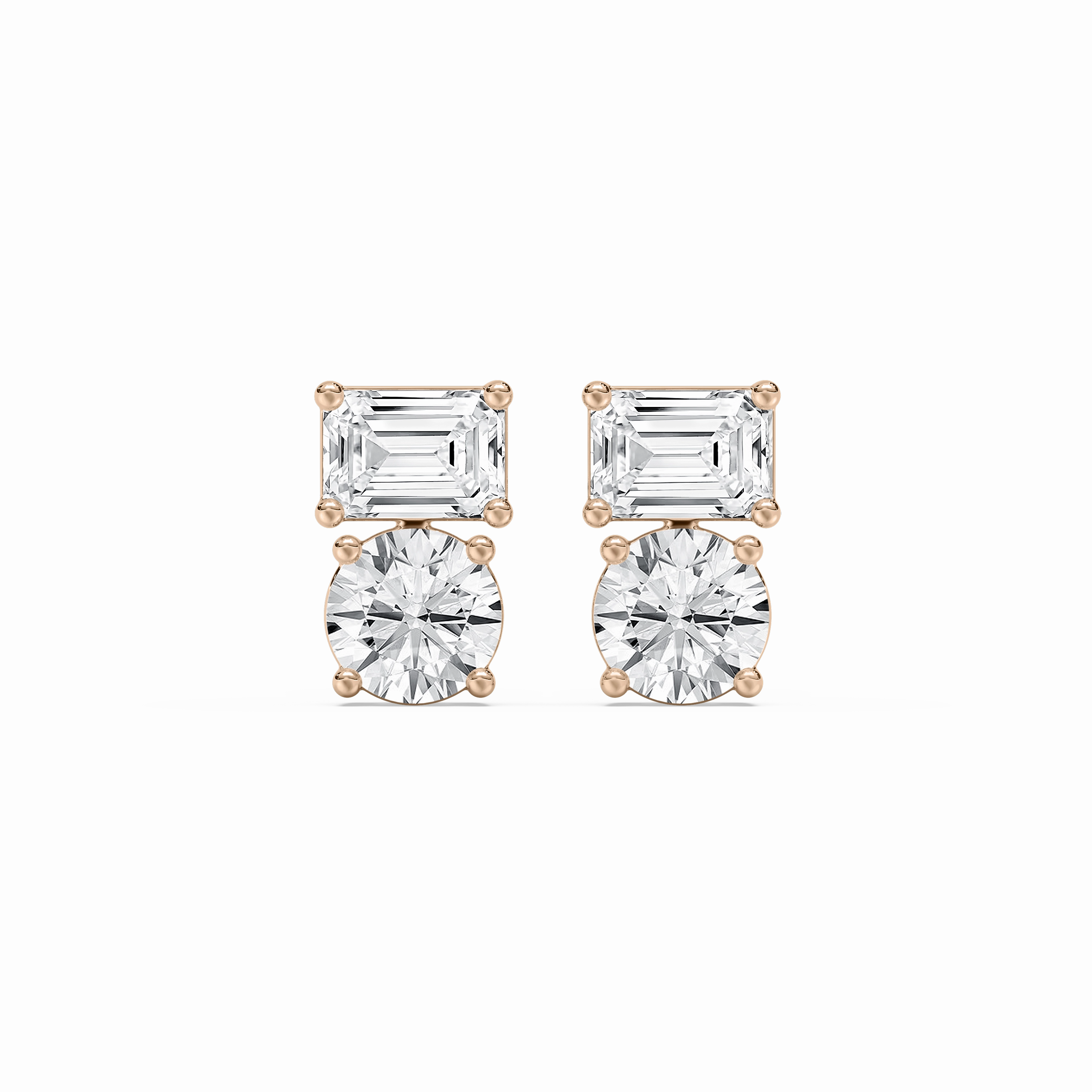 2 ctw Toi et Moi Emerald and Round Lab Grown Diamond Stud Earrings Large Piece Polygonal Piece