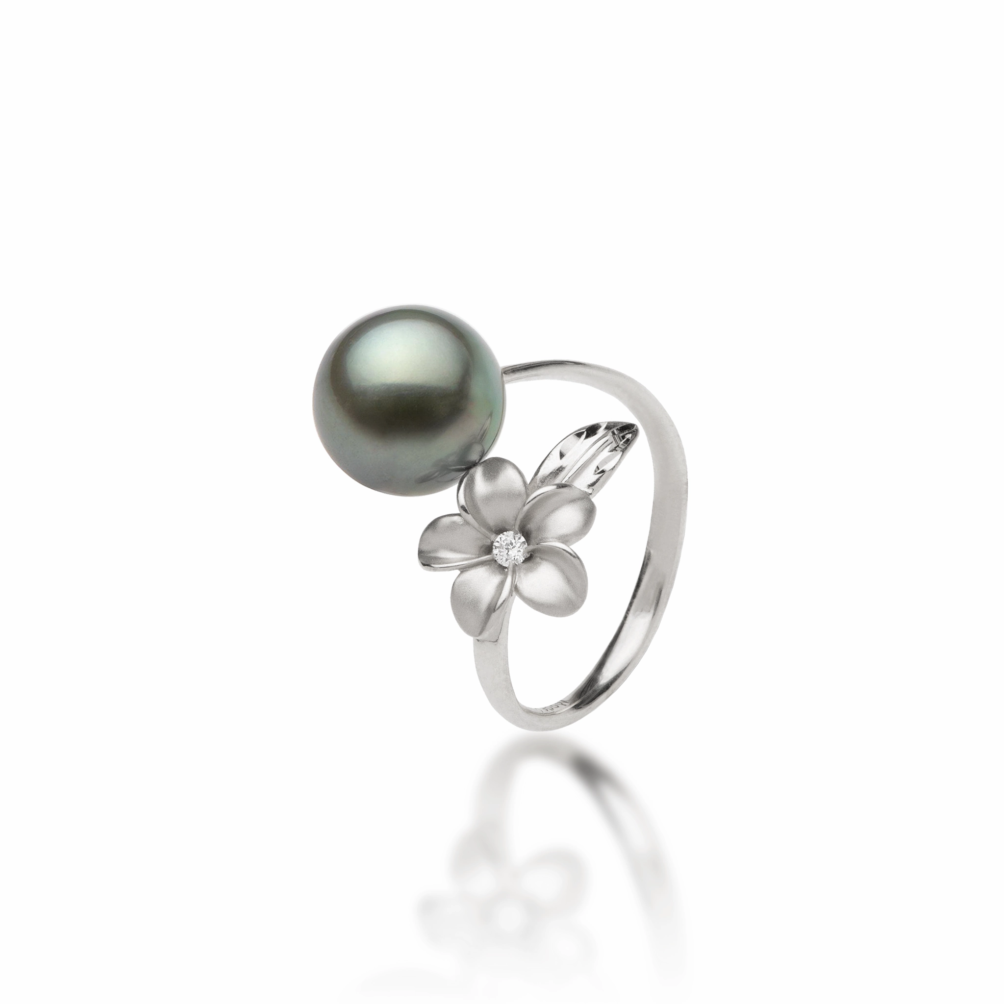 Elegant Creations Plumeria Tahitian Black Pearl Ring in White Gold with Diamond - 10-11mm