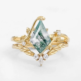 Artistic Detail Accent Detail Moss Agate Kite Cut Vine Engagement Ring Set 2pcs - Twigs