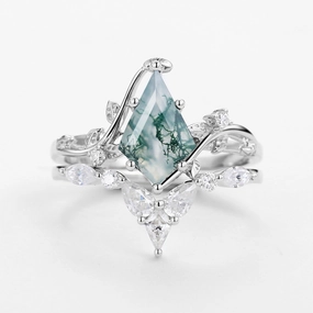 party accessory Comfort Style Unique Kite Cut Moss Agate Vine Engagement Ring Sets 2pcs