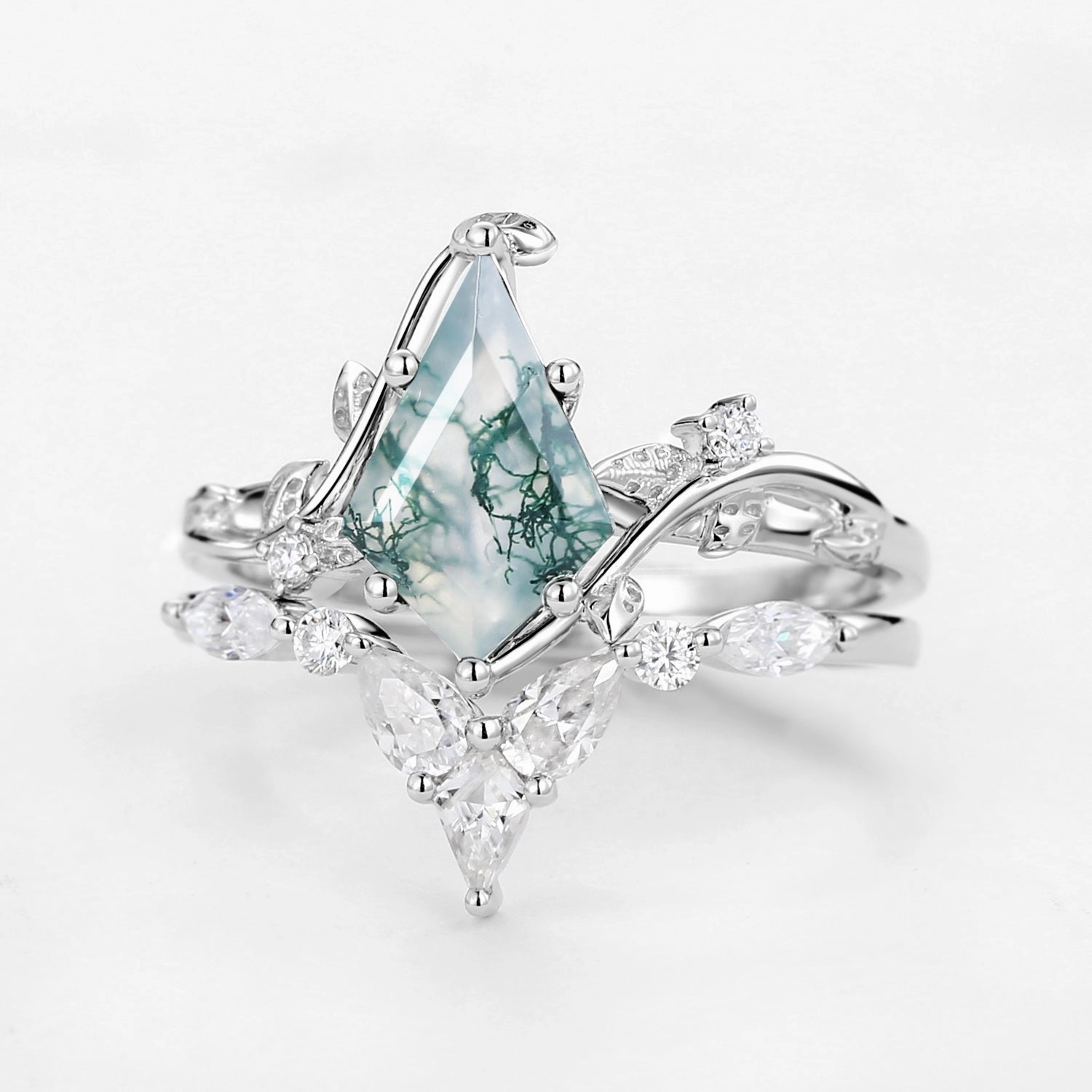 Luxury Spark Radiant Touch Pieces Unique Kite Cut Moss Agate Vine Engagement Ring Sets 2pcs