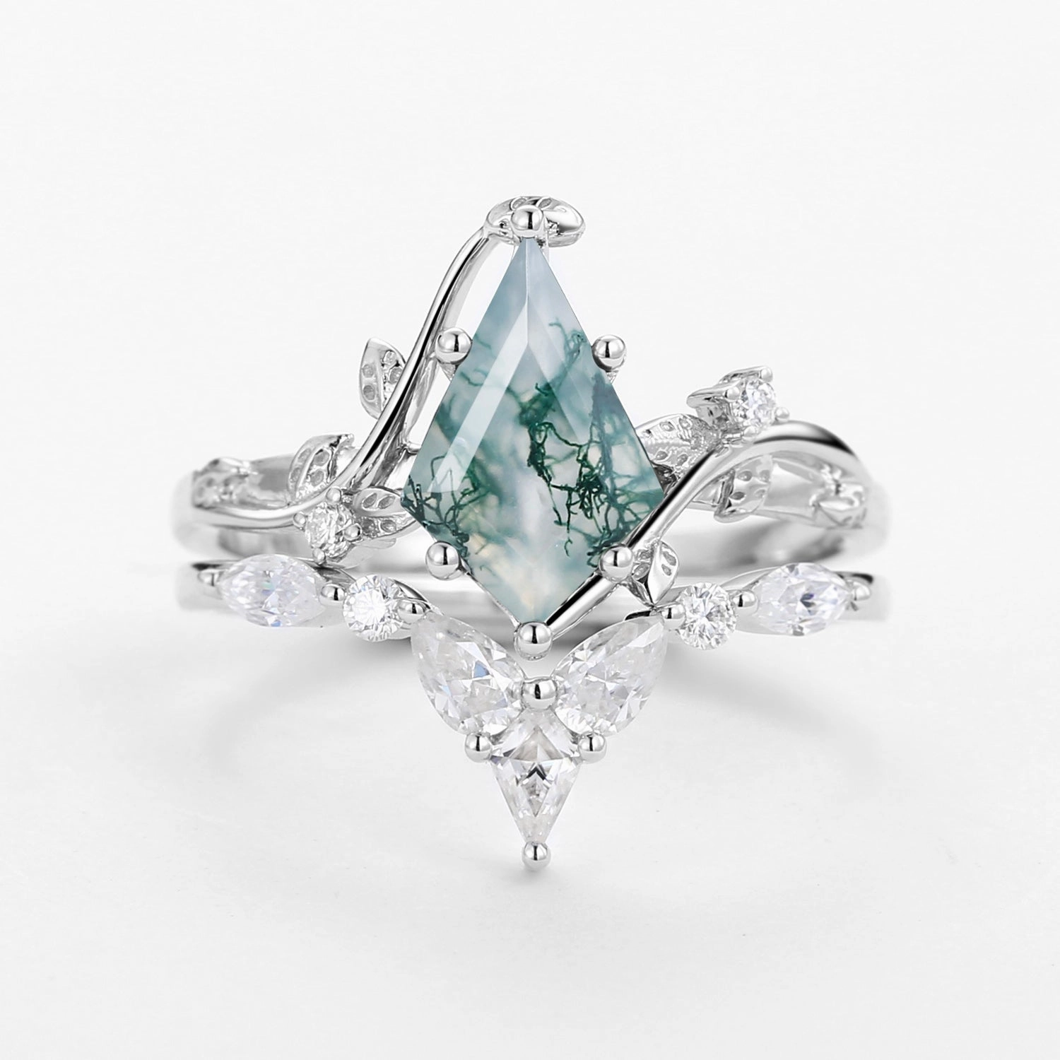 party accessory Comfort Style Unique Kite Cut Moss Agate Vine Engagement Ring Sets 2pcs