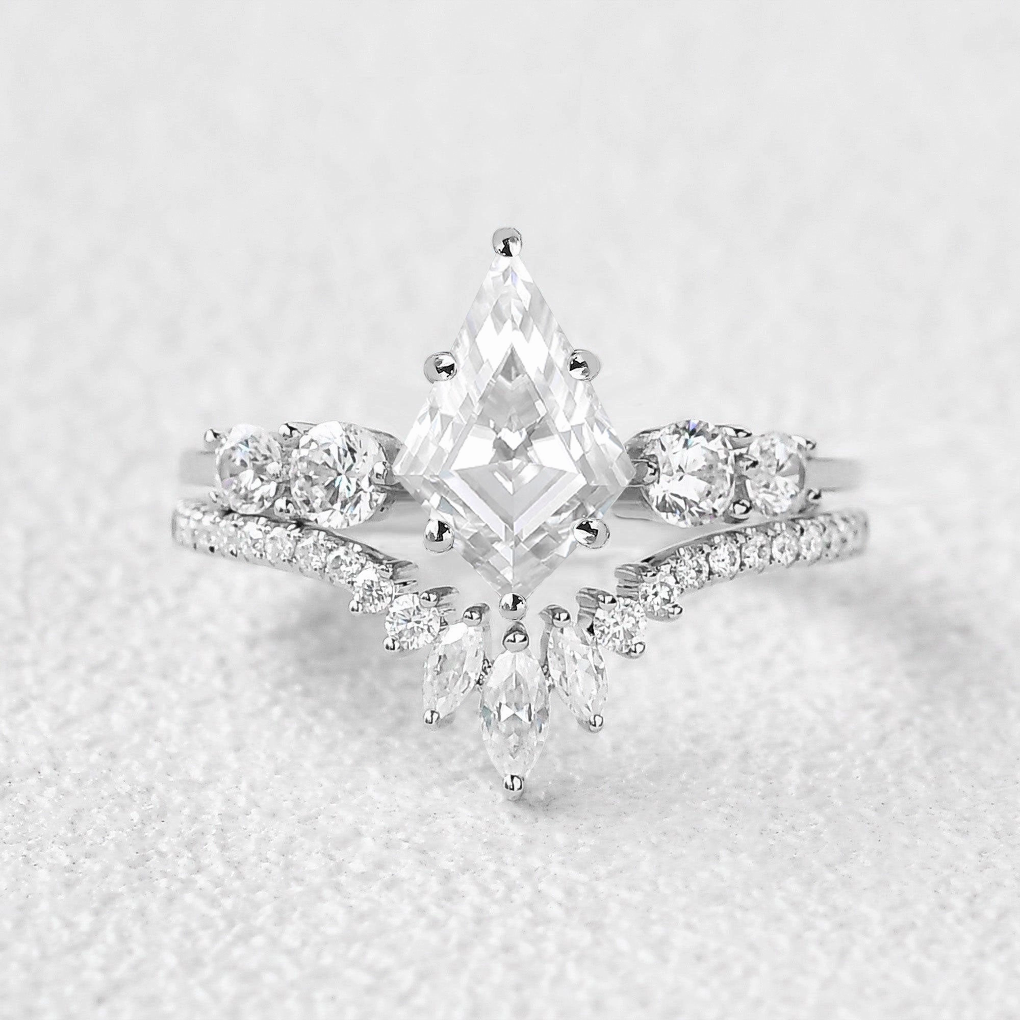 Exclusive piece Round Staccato Kite Cut Moss Agate Engagement Ring Set 2pcs