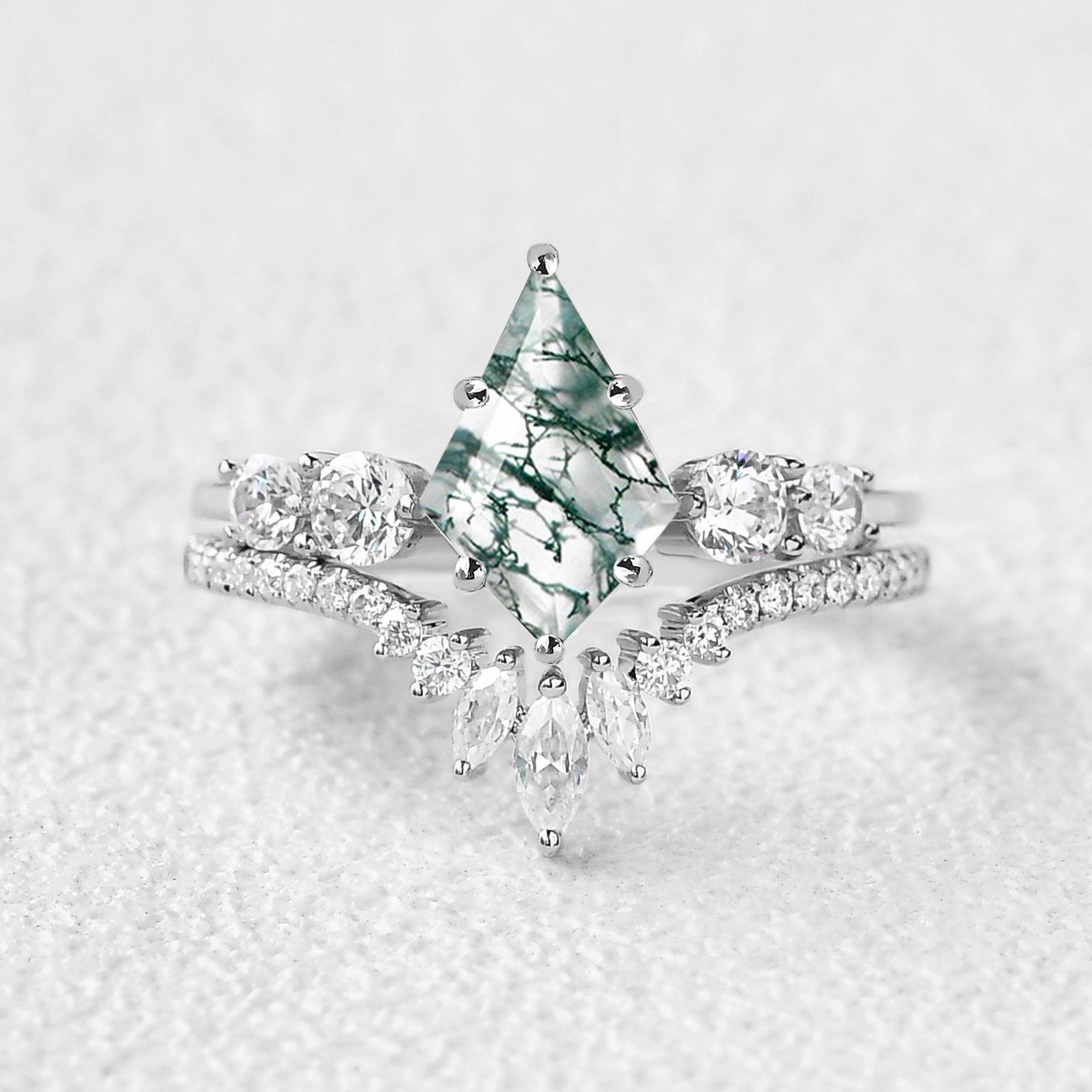 unique touch Round Staccato Kite Cut Moss Agate Engagement Ring Set 2pcs