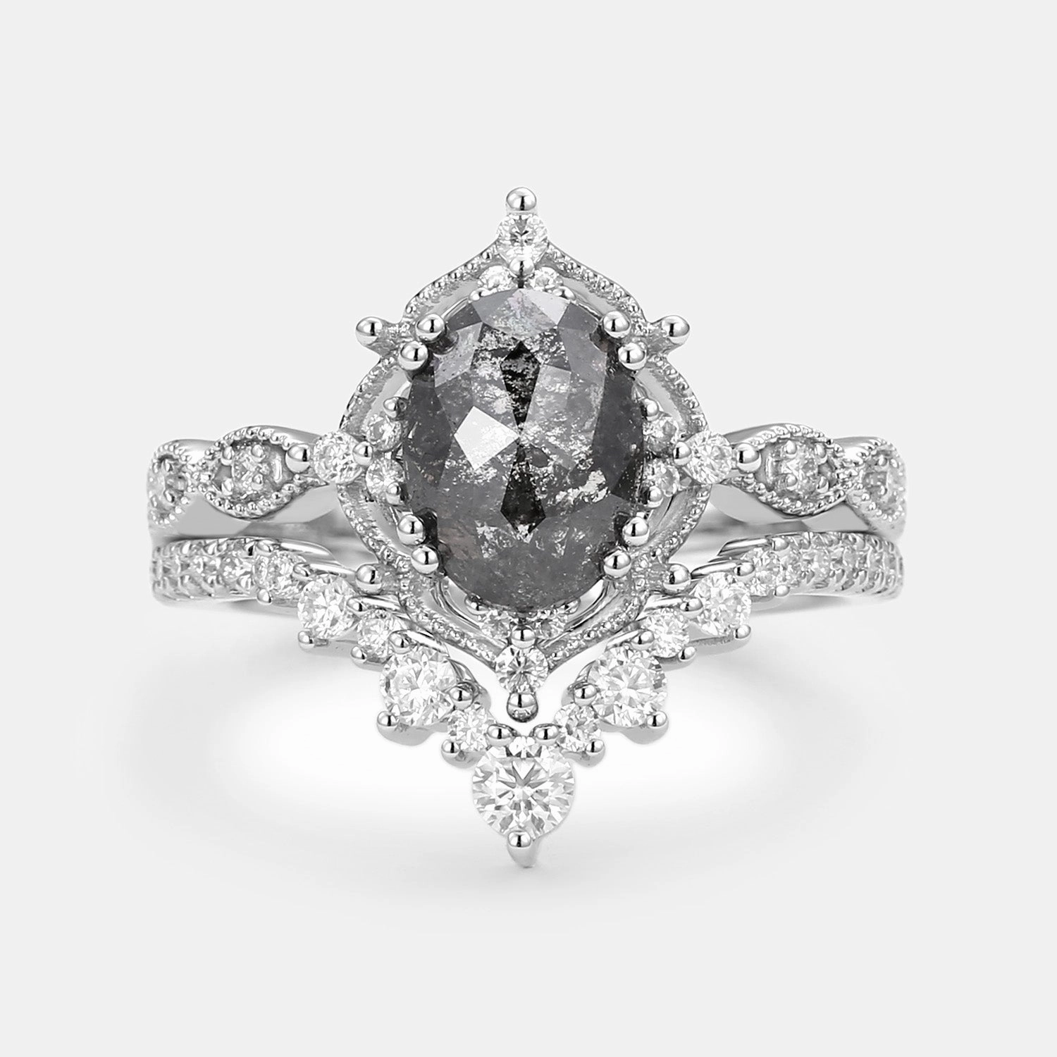 Salt and Pepper Diamonds Engagement Ring Sets 2pcs - Charlotte Impeccable Accent