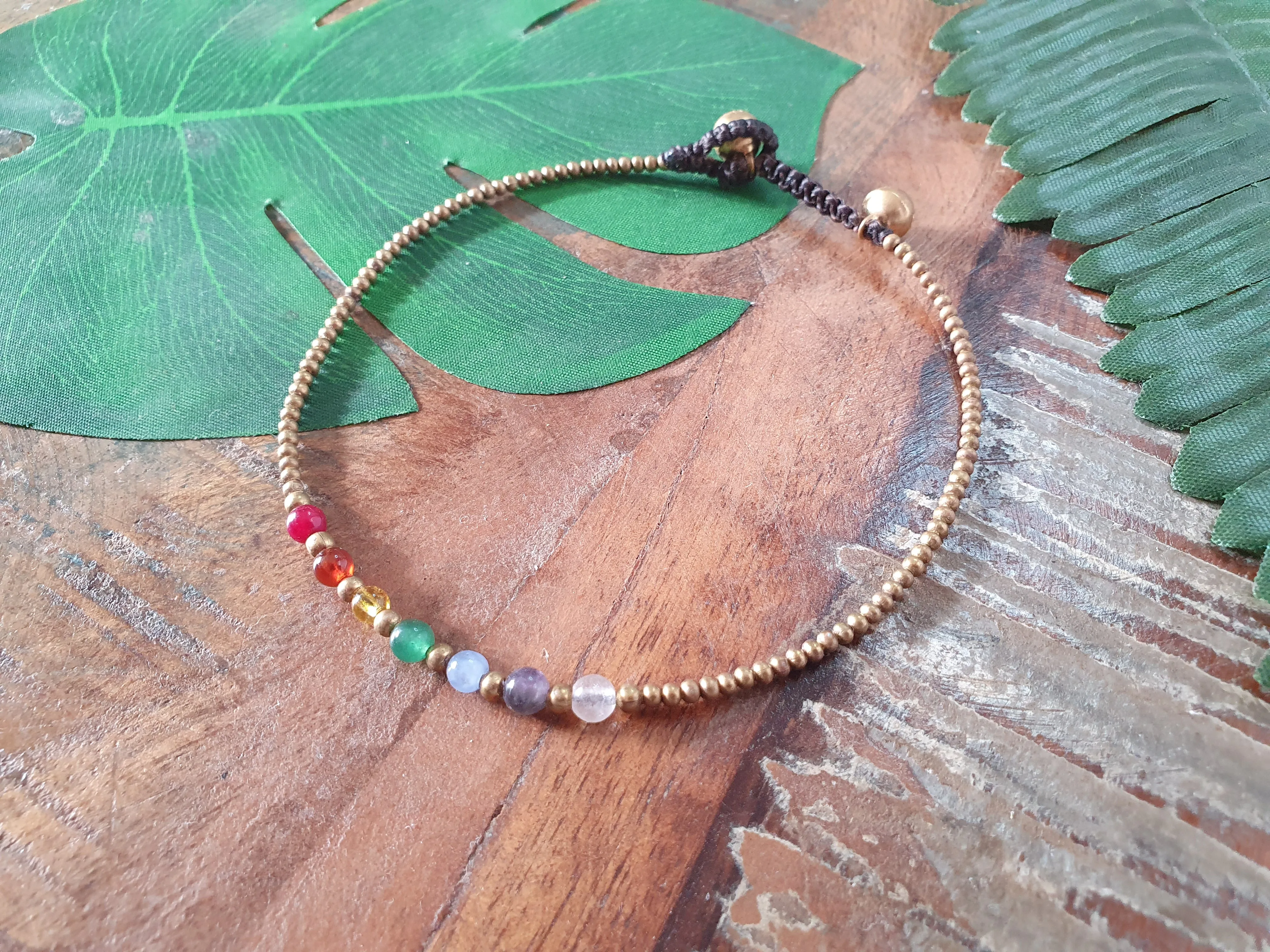 Rainbow crystal beaded anklet, chakra gemstone & gold bead, rubellite orange agate citrine jade blue agate amethyst rose quartz, beaded stacking