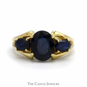 Event Piece Oval Sapphire Three Stone Ring with Open Split Shank Sides in 14k Yellow Gold