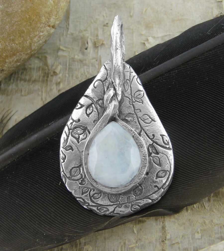 Rainbow Moonstone Teardrop Pendant with Leaf and Vine Texture, 100% Handmade Smart Accent