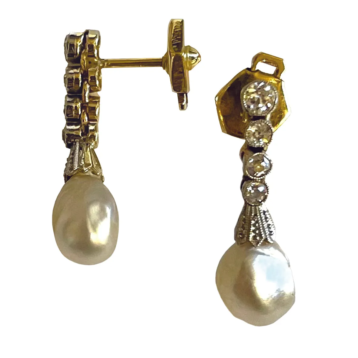 Rare White Natural Pearl & Diamond Chandelier Drop Earrings