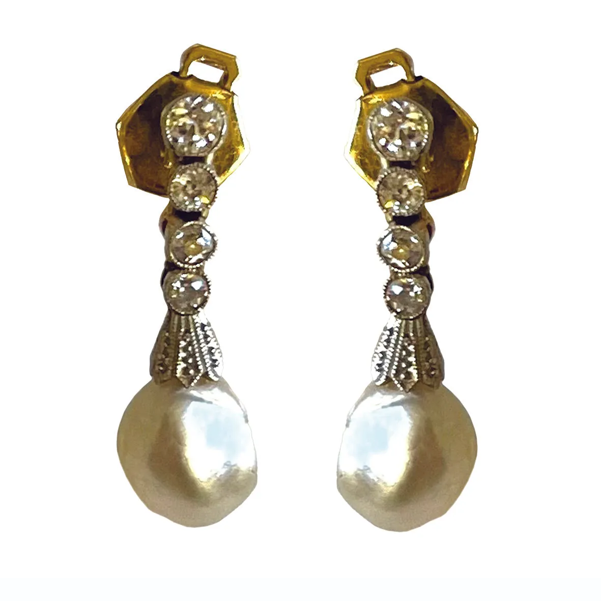Rare White Natural Pearl & Diamond Chandelier Drop Earrings