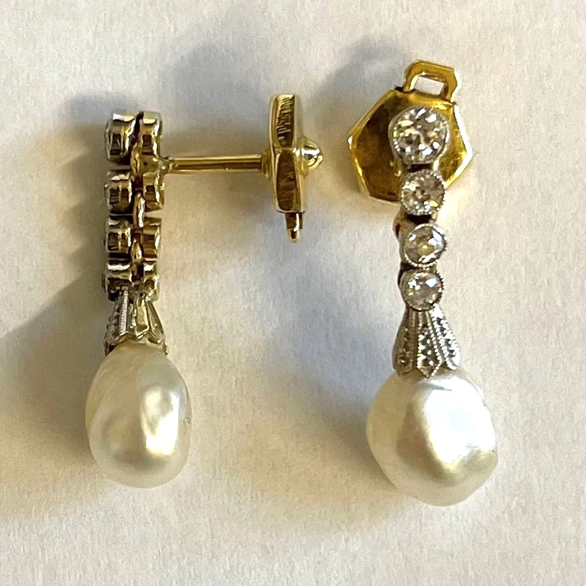 Rare White Natural Pearl & Diamond Chandelier Drop Earrings