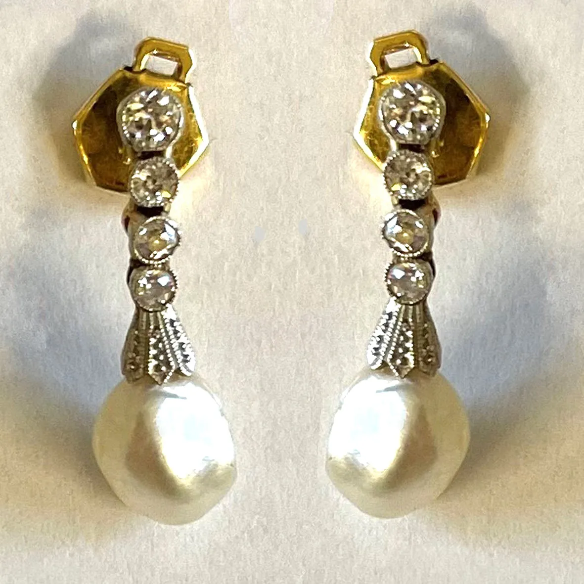 Rare White Natural Pearl & Diamond Chandelier Drop Earrings