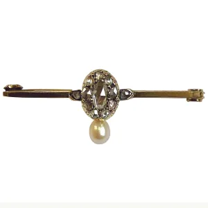 Rare White Natural Pearl & Oval Diamond Cluster Brooch