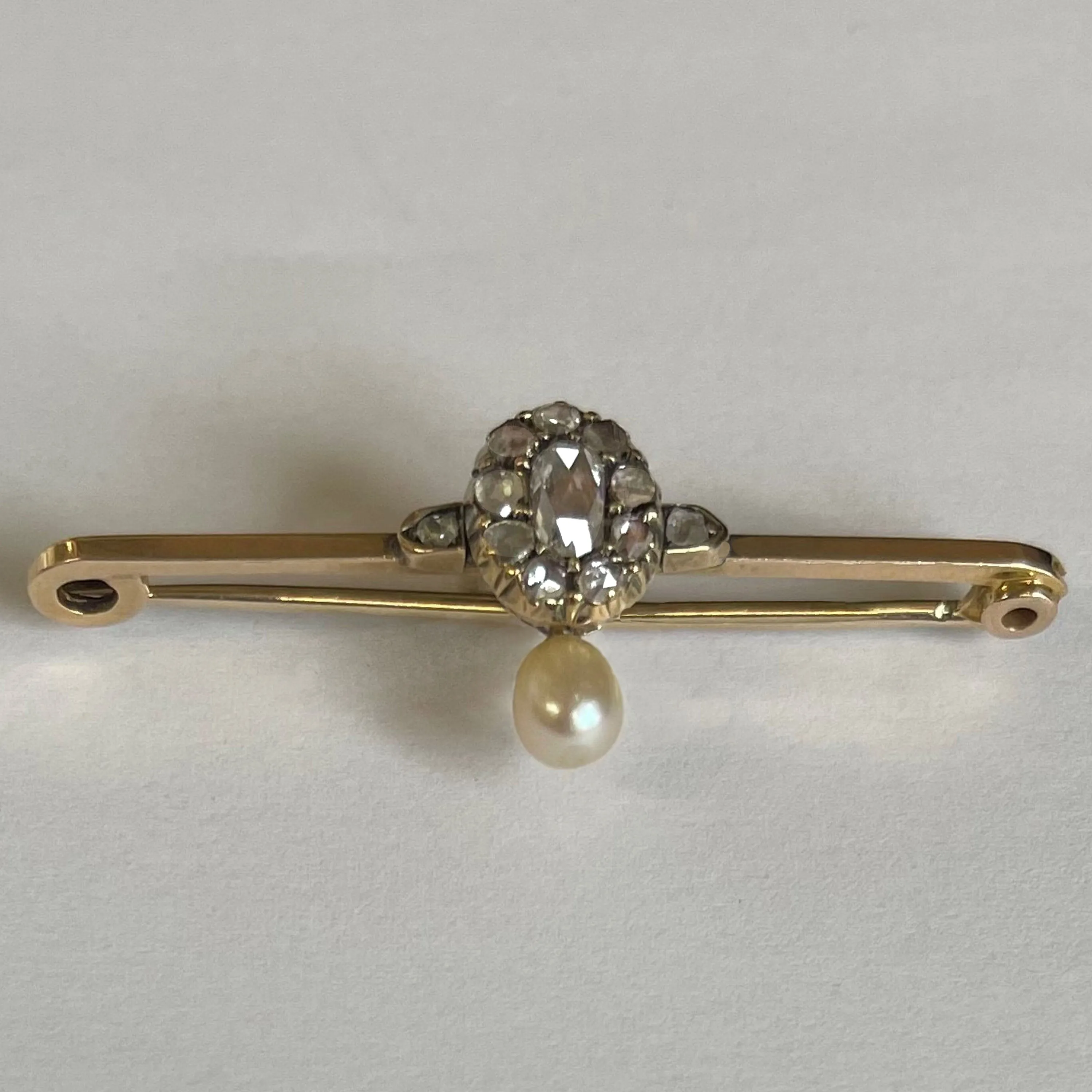 Rare White Natural Pearl & Oval Diamond Cluster Brooch