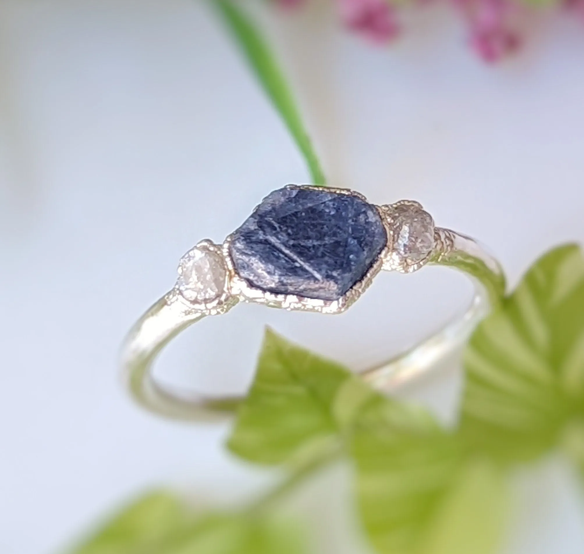 Raw Sapphire & rough diamond ring