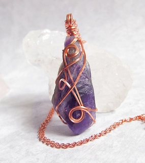 Raw Amethyst Crystal Pendant w/ 3 Swirls, Dark Purple, Copper Wire-Wrapped, w/ 20" Chain - Handmade Value Piece