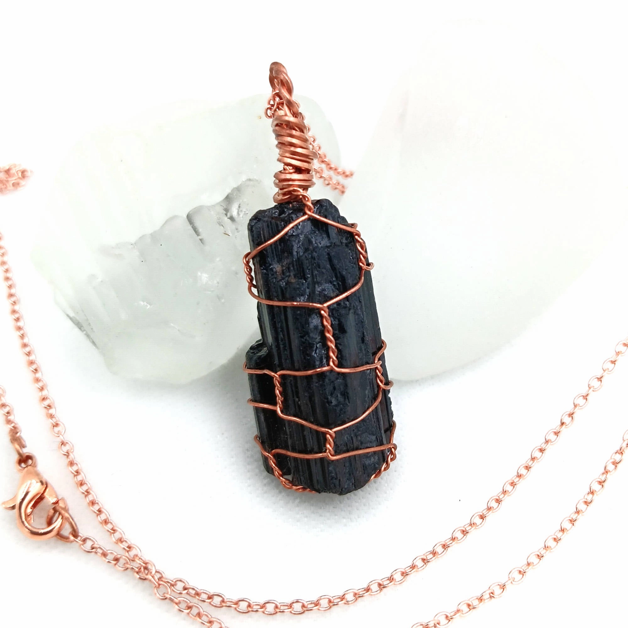 Raw Black Tourmaline Crystal Pendant Necklace, Copper Wire-Wrapped, Handmade Birthday Mood Holiday Present