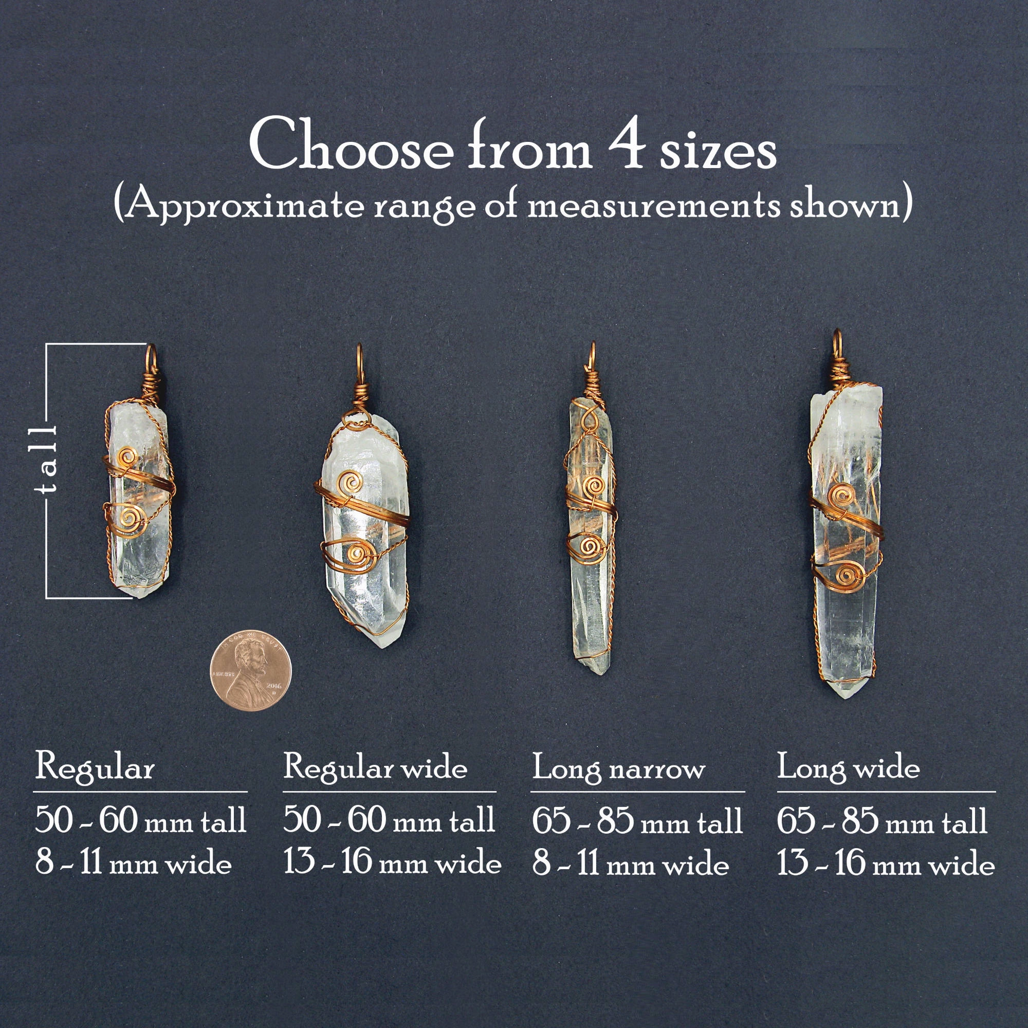 Home Gathering Youth Gift Raw Quartz Crystal Point Pendant Necklace, Spiral Copper Wire-Wrapped, with 24" Chain - Handmade - 3 Sizes