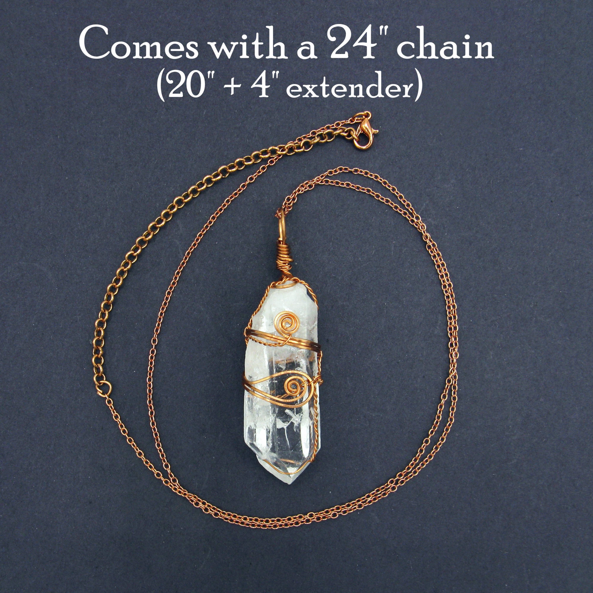 Raw Quartz Crystal Point Pendant Necklace, Spiral Copper Wire-Wrapped, with 24" Chain - Handmade - 3 Sizes Work Accent Fall Accent