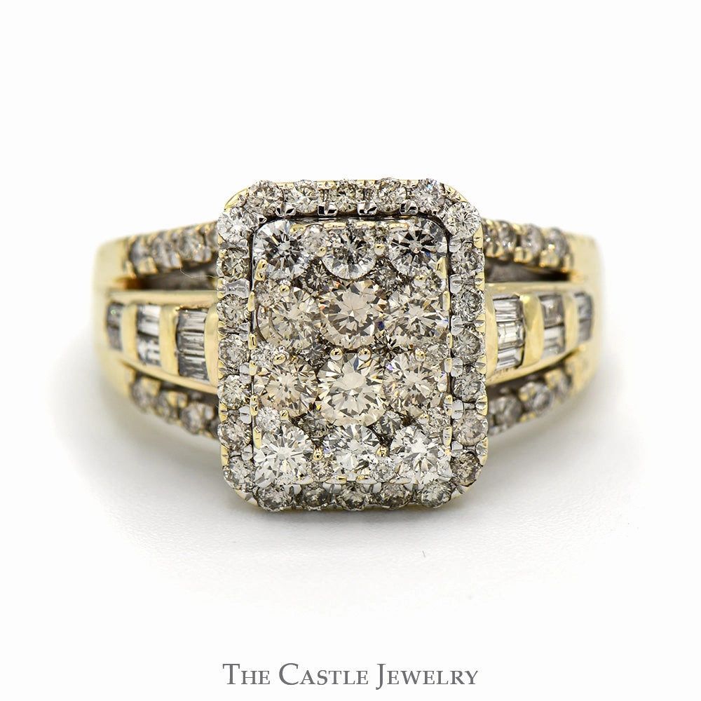 Rectangle Shaped 2cttw Diamond Cluster Ring with Halo and Accents in 10k Yellow Gold Custom Embellishment Cozy Look