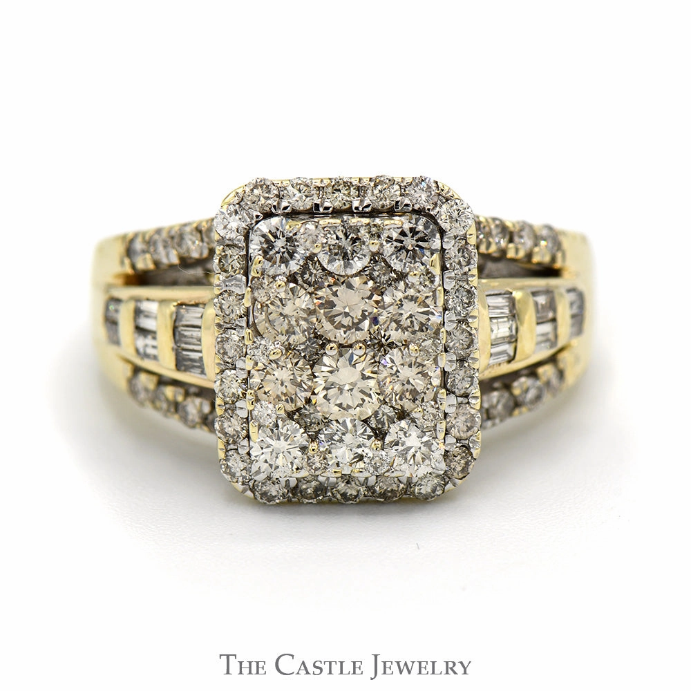Budget Gift Custom Craft Rectangle Shaped 2cttw Diamond Cluster Ring with Halo and Accents in 10k Yellow Gold
