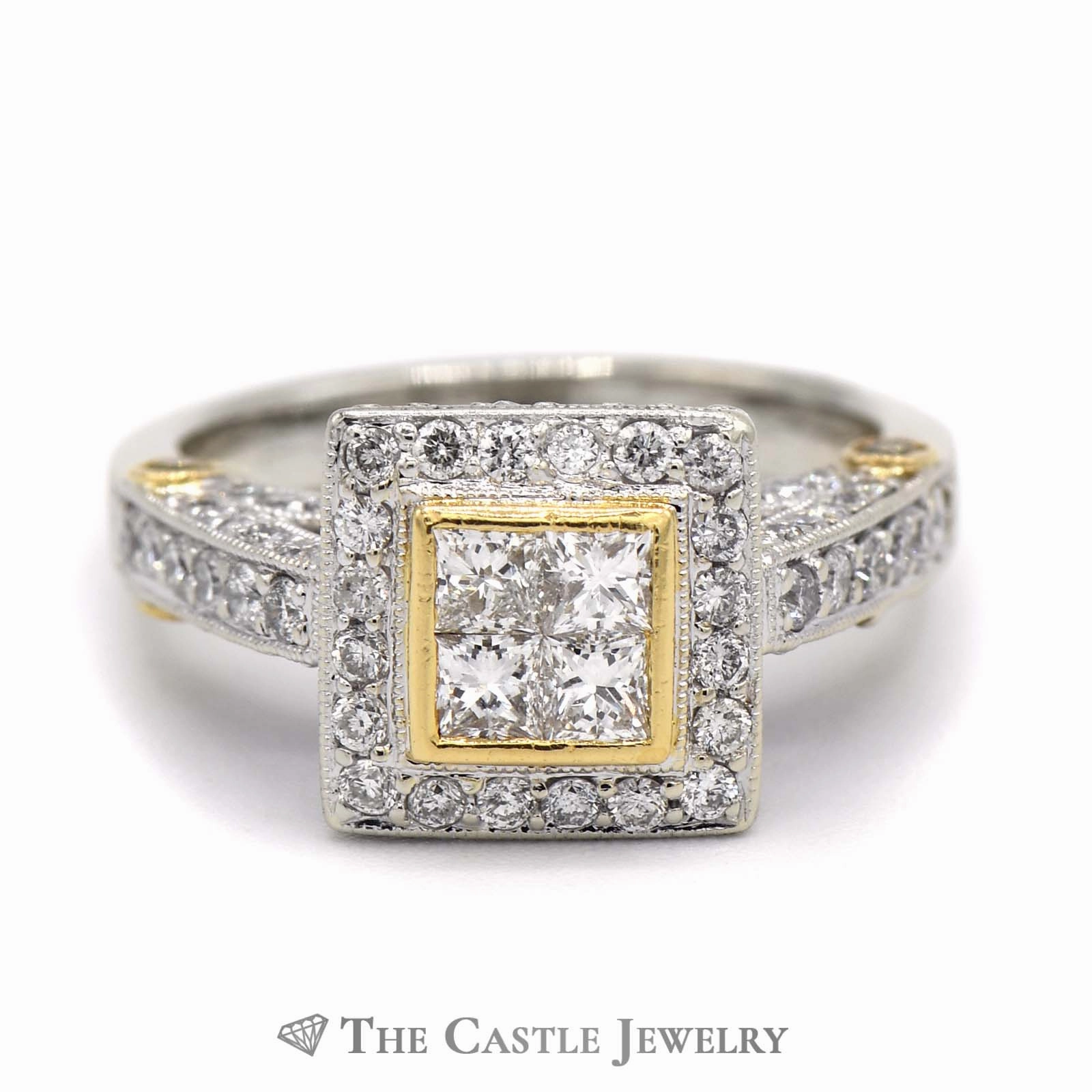 Ready For Gifting Quad Diamond Cluster Engagement Ring with Halo & Accents in 18k Two-Tone Gold