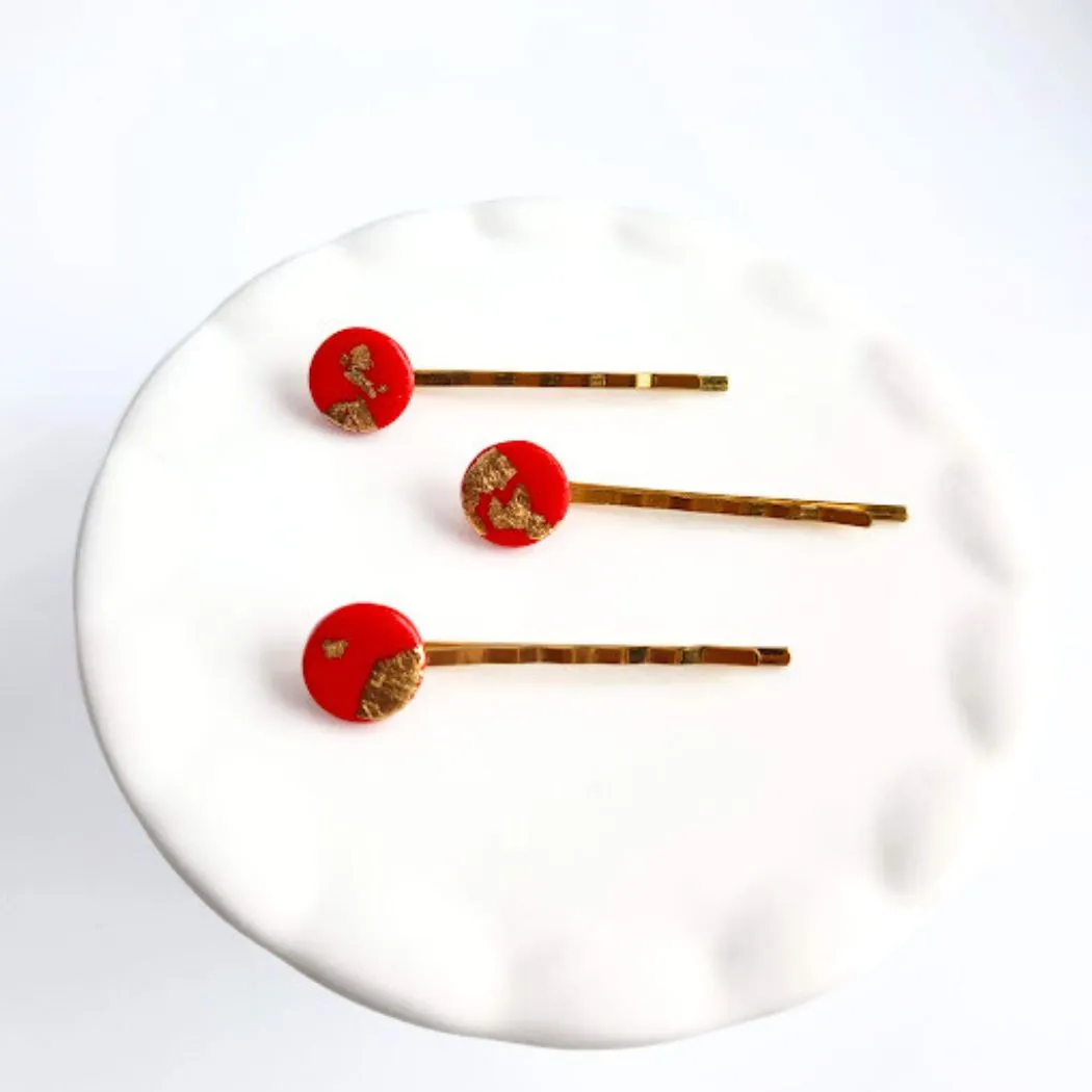 Red and Gold Hair Pin Set - Decorative Hair Accessory