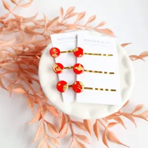 Red and Gold Hair Pin Set - Decorative Hair Accessory