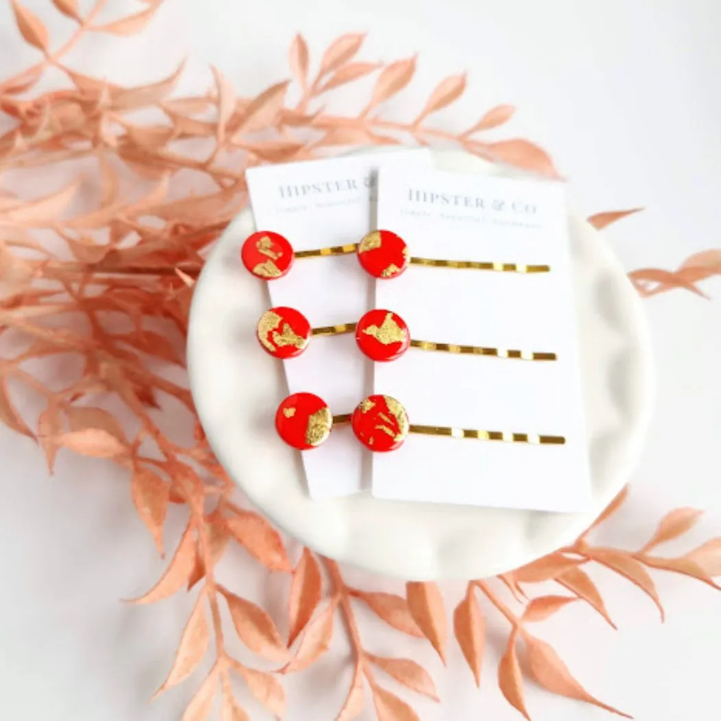 Red and Gold Hair Pin Set - Decorative Hair Accessory
