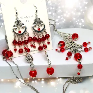 Red Bohemian Antique Silver Chandelier Earring Necklace and Bracelet Set