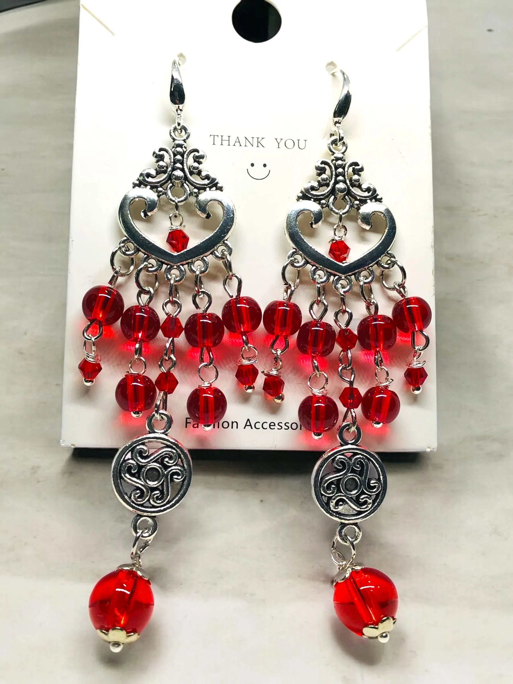 Red Bohemian Antique Silver Chandelier Earring Necklace and Bracelet Set